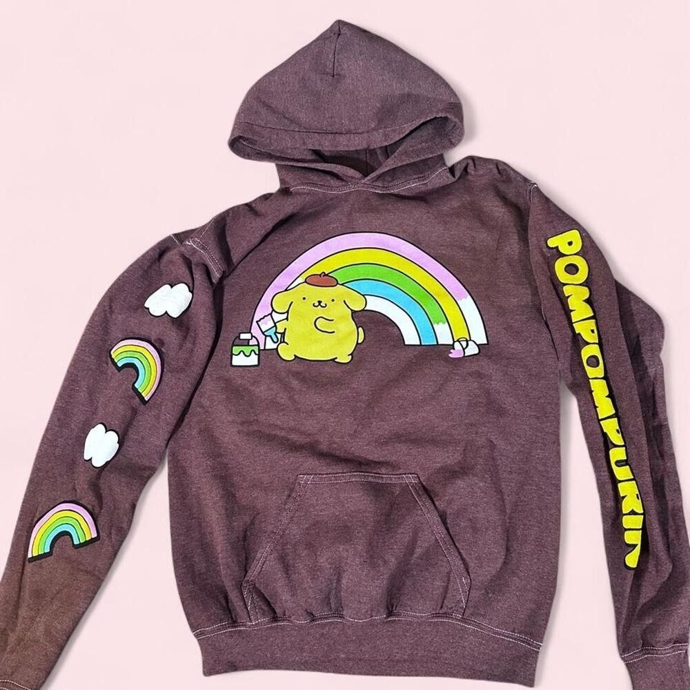 Sanrio Pompompurin Rainbow Hoodie Brown XS Hello Kitty and Friends Sweatshirt